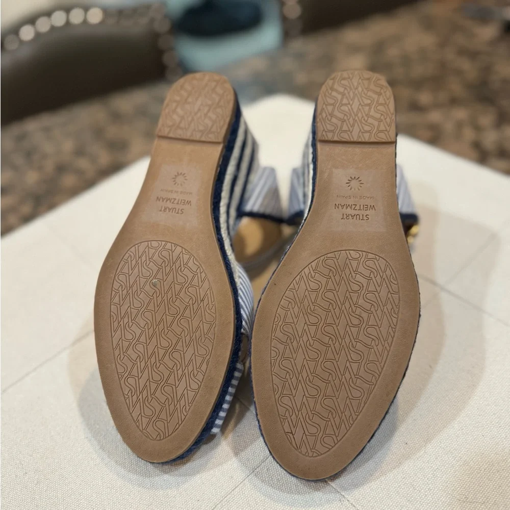 Stuart Weitzman Navy and White Striped Espadrille Wedges